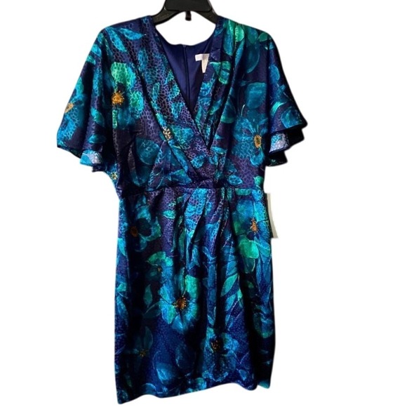 London Times Dresses & Skirts - London Times Floral Flutter Sleeve Wrap Dress Navy Teal Cocktail Party NWT S 10